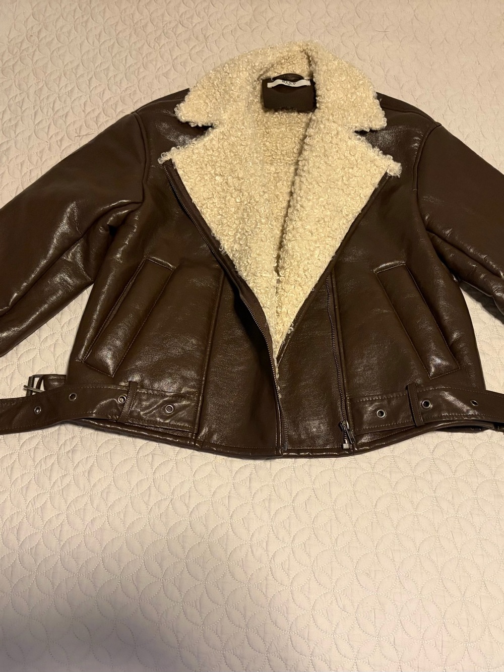 Women's Brown Faux Leather Sherpa Motorcycle Jacket